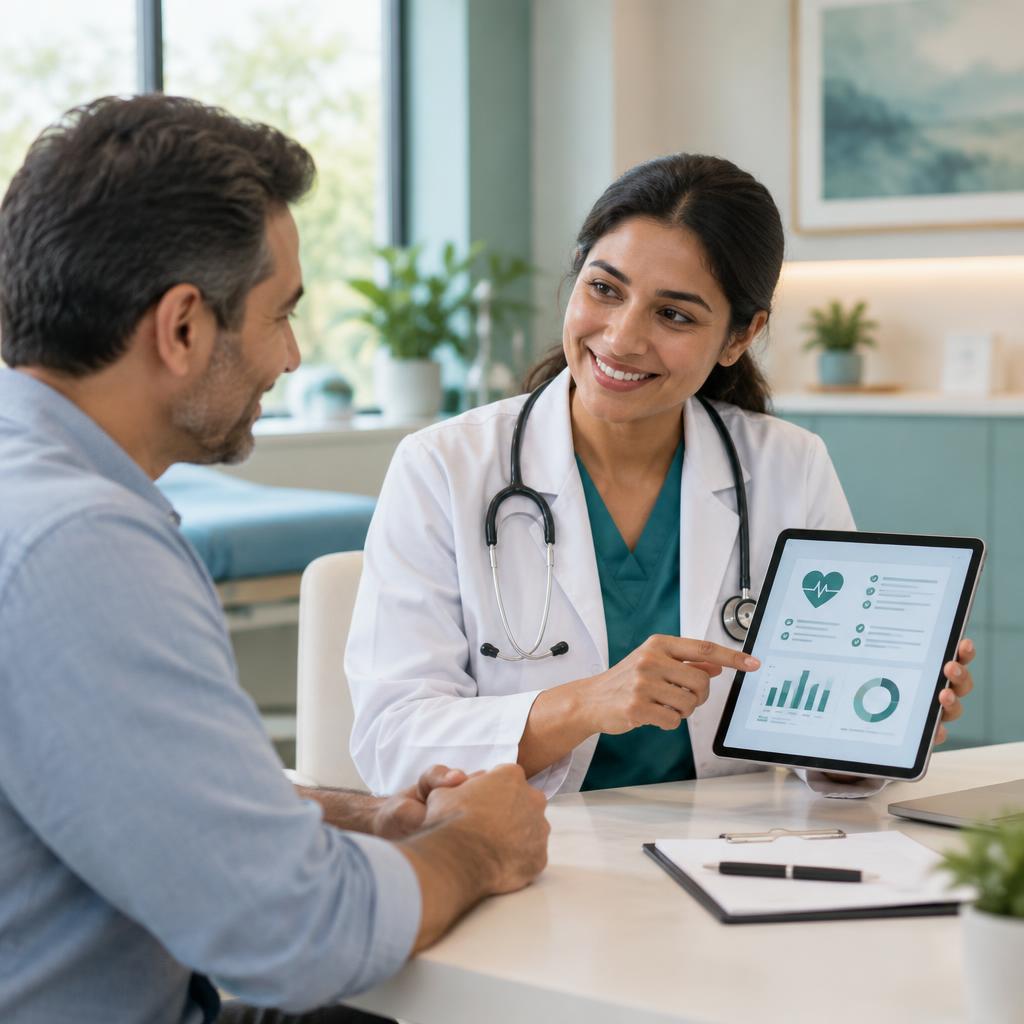 Clinician explaining health results on a tablet