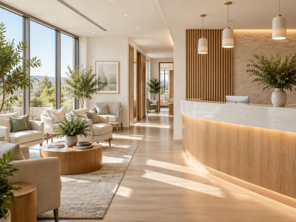 Bright clinic reception with plants and warm wood